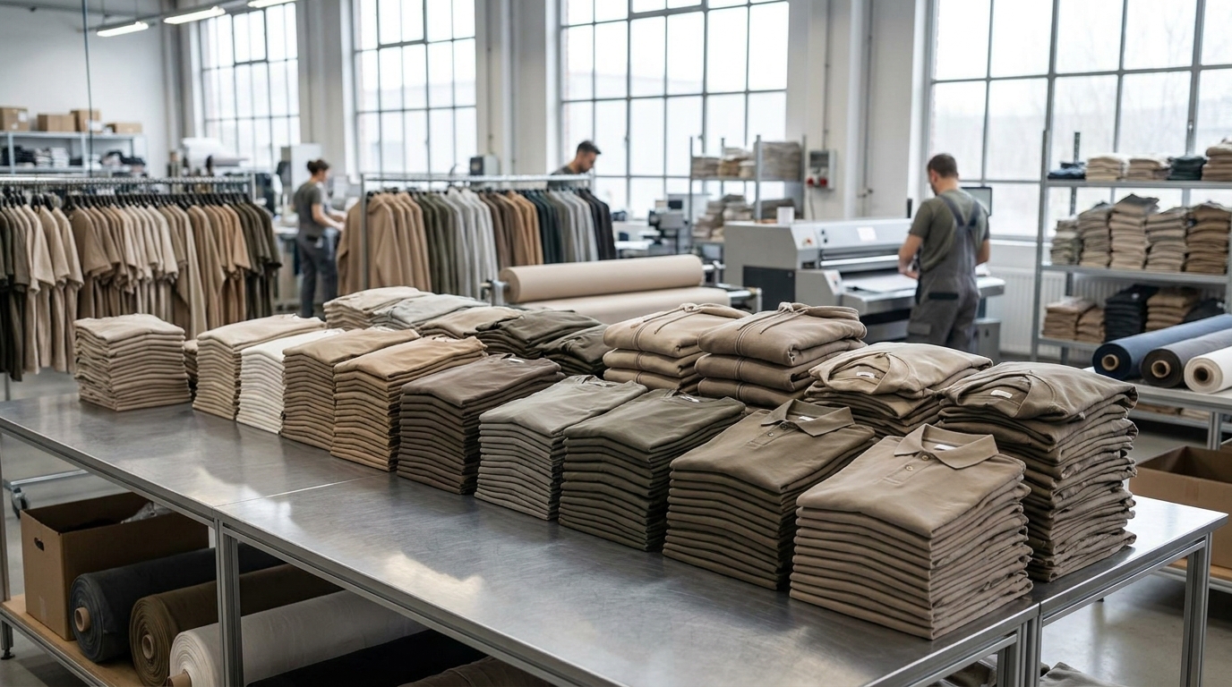 Symbolbild Großauftrag-Textilveredelung – Stapel gefalteter Textilien in einer Produktionshalle