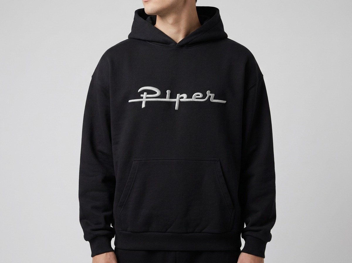 Person trägt schwarzen Ultra Heavy Cotton Box Hoody (BY162) mit mittig auf der Brust gesticktem Piper-Logo (3D-Stickerei, ca. 25 cm breit) – Mitarbeiter-Hoodie für die Piper Deutschland AG, veredelt von Stoff³ Kassel