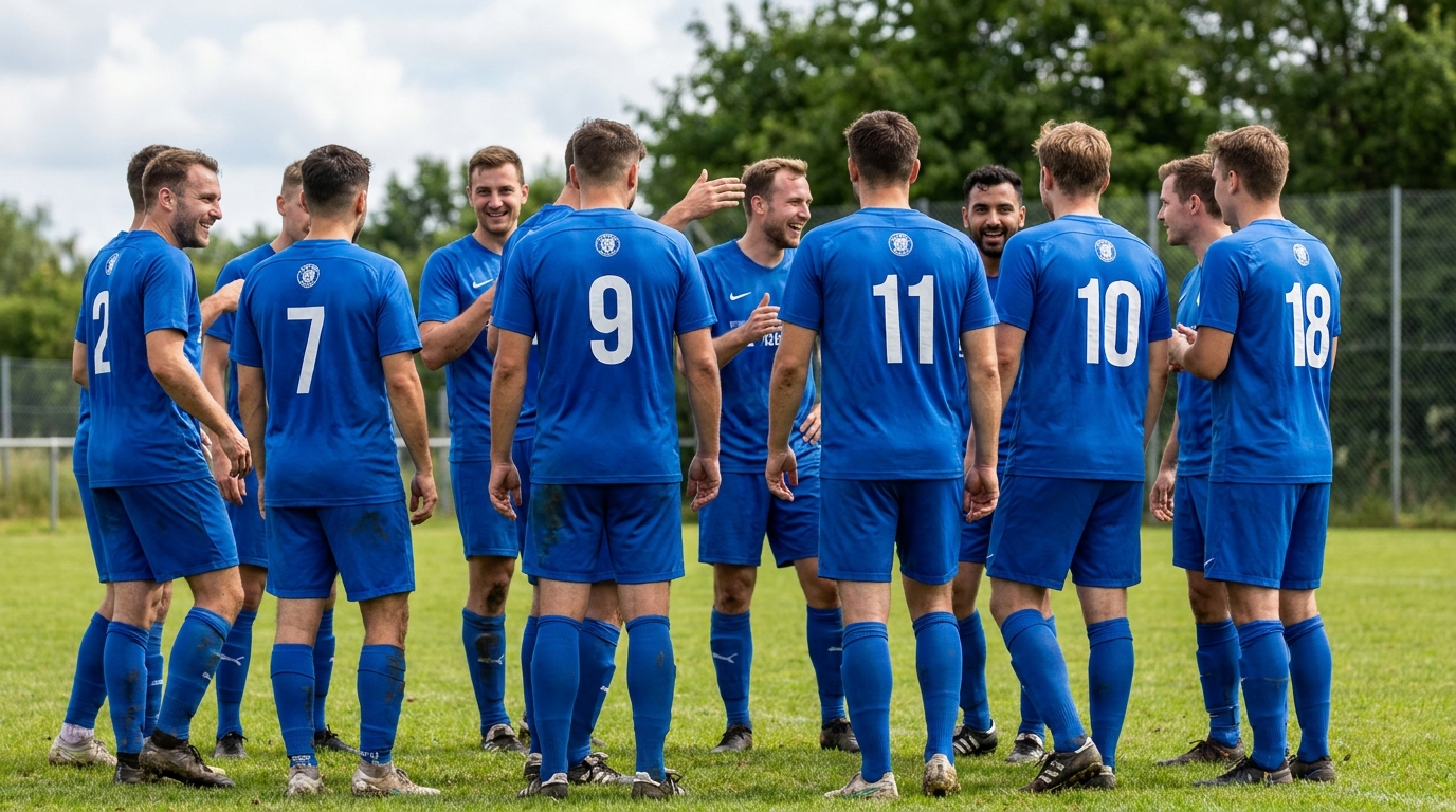 Fußballteam in blauen Trikots mit Rückennummern – beflockt und bedruckt von Stoff3 Kassel