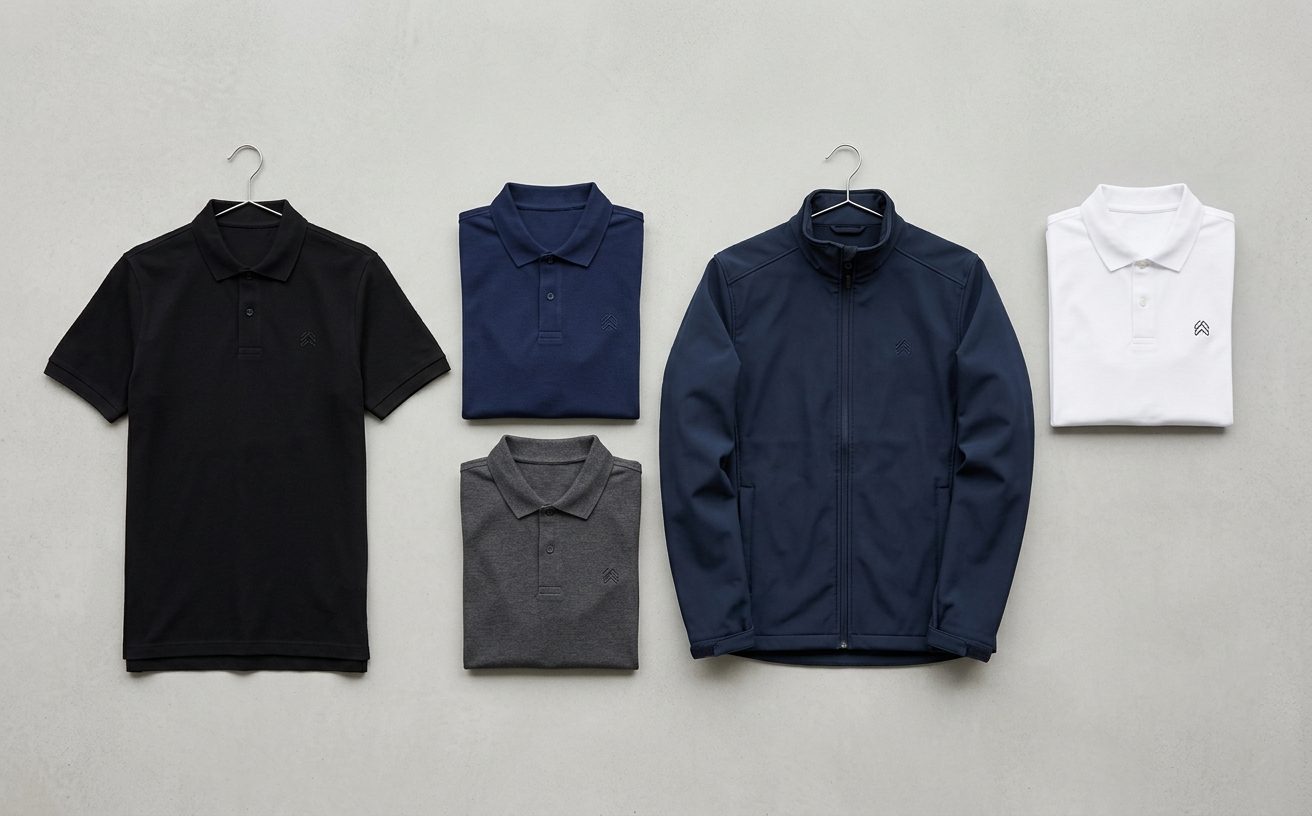 Poloshirts in Schwarz, Navy, Grau und Weiß sowie eine Softshell-Jacke mit dezent gesticktem Logo – Beispiel für Firmenkleidung von Stoff³