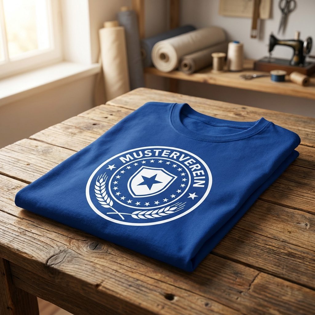 Blaues Vereins-T-Shirt mit frisch gedrucktem rundem Vereinswappen – Teamkleidung von Stoff³ Kassel