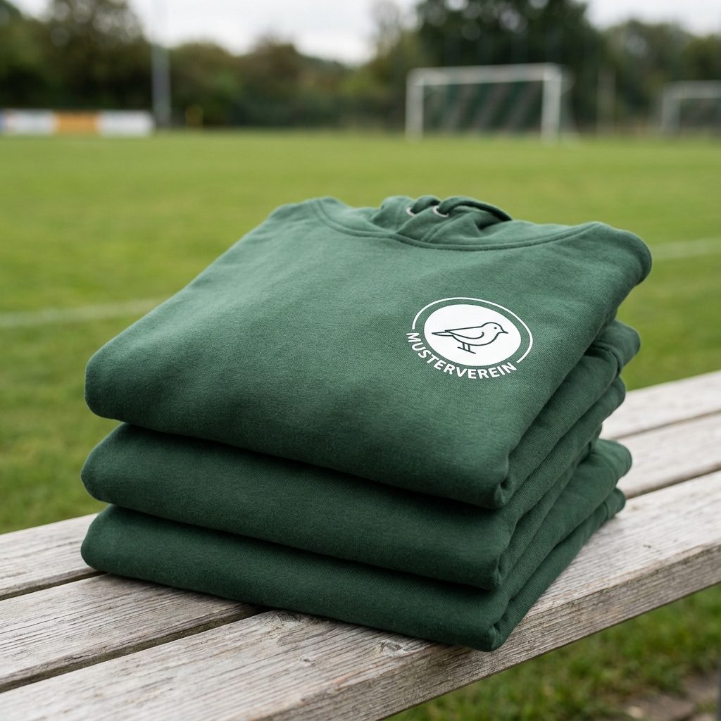 Gestapelte grüne Team-Hoodies mit bedrucktem Vereinswappen auf einer Bank am Sportplatz – Stoff³ Kassel