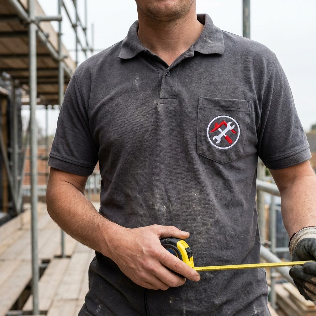 Handwerker auf der Baustelle im grauen Poloshirt mit besticktem Firmenlogo – Workwear von Stoff³ Kassel