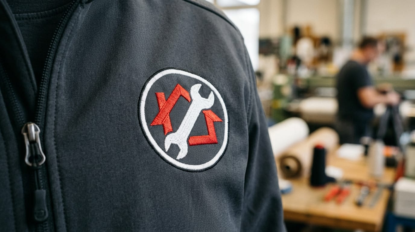 Gesticktes Firmenlogo in Nahaufnahme auf grauer Softshell-Arbeitsjacke – Stickerei von Stoff³ Kassel