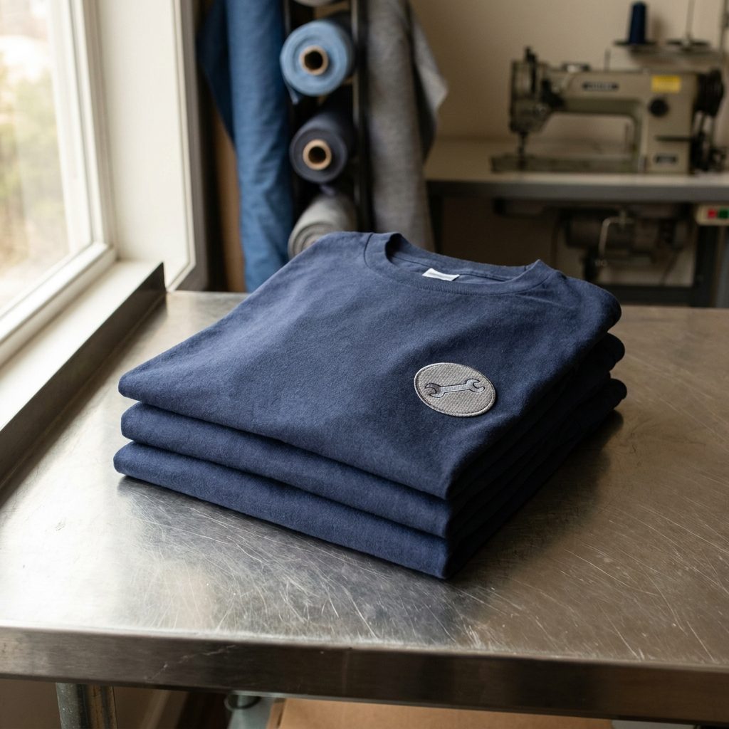 Gestapelte navy-blaue Arbeits-T-Shirts mit gesticktem Logo in der Werkstatt – Workwear von Stoff³ Kassel